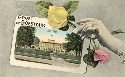 14130 Fantasiekaart met als voorstelling: een prentbriefkaart van Paleis Soestdijk te Soestdijk (gemeente Baarn) met ...